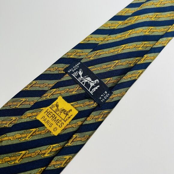 Genuine Hermes Blue&Green Striped Silk Tie w Brown&Gold Belt Stripes 55.5x3” - Picture 1 of 12